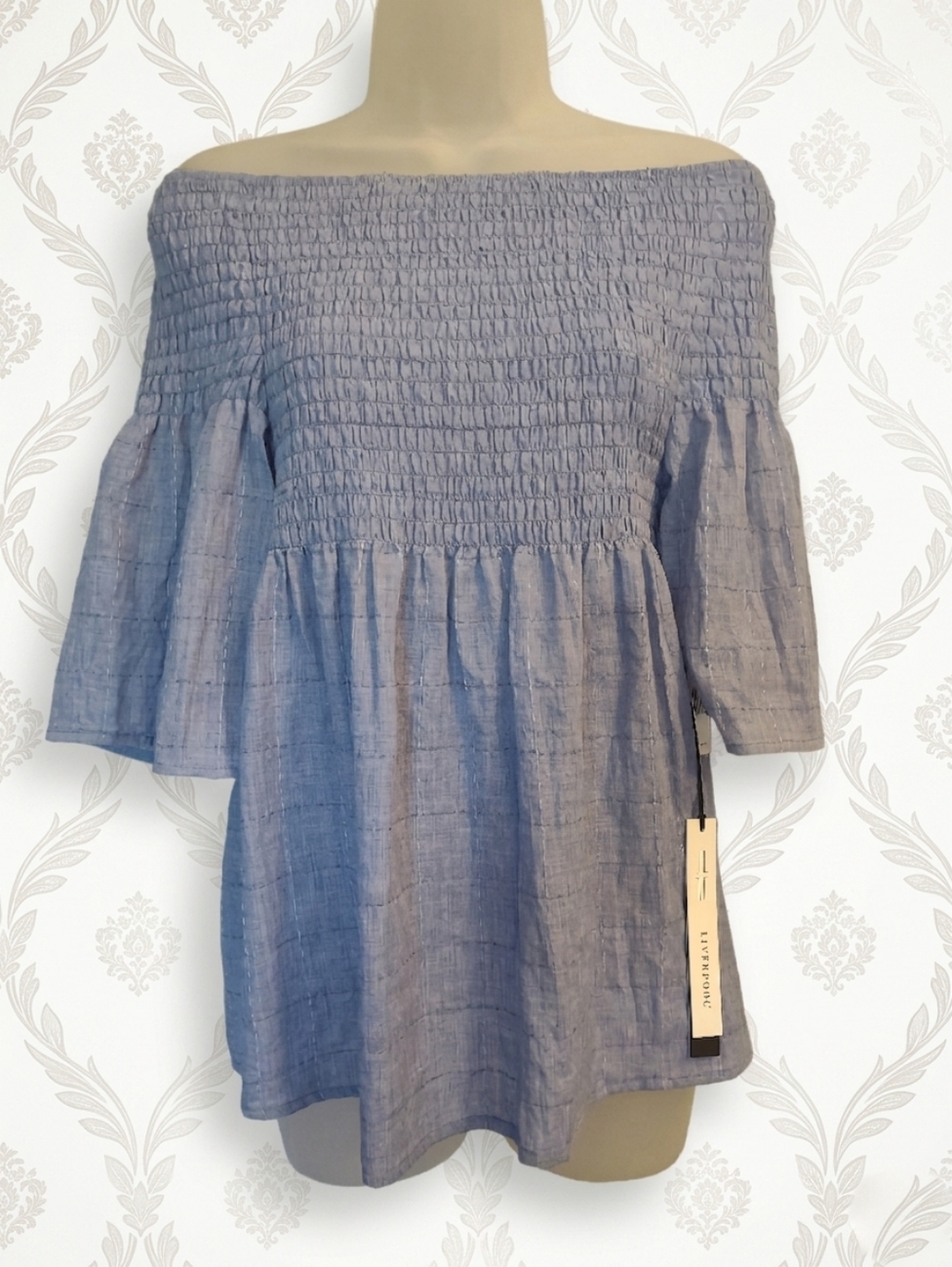 Liverpool Off-the-Shoulder Smocked Bell Sleeve Top in Dusty Blue